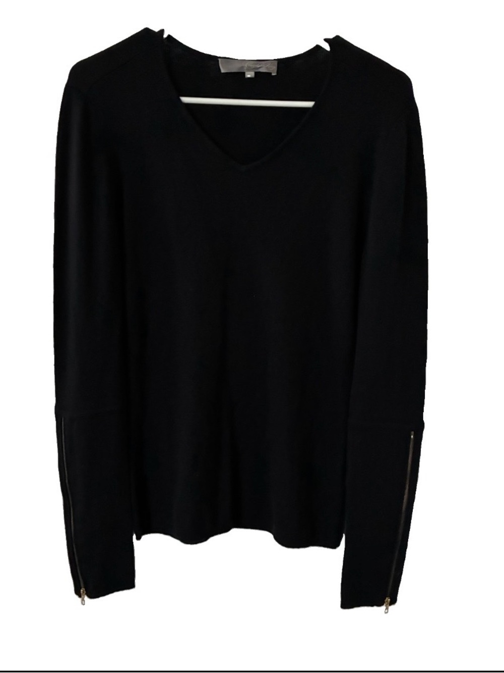Claridge + King Cozy Fall Cashmere Silk V-Neck Sweater Black Gold Zipper Cuff XS